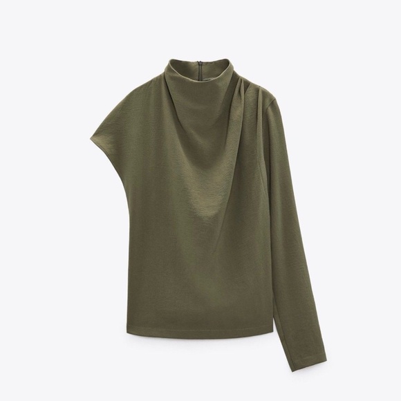 ZARA Asymmetric Draped One Shoulder Top in Light Khaki / Dusty Green Size M - Picture 2 of 4
